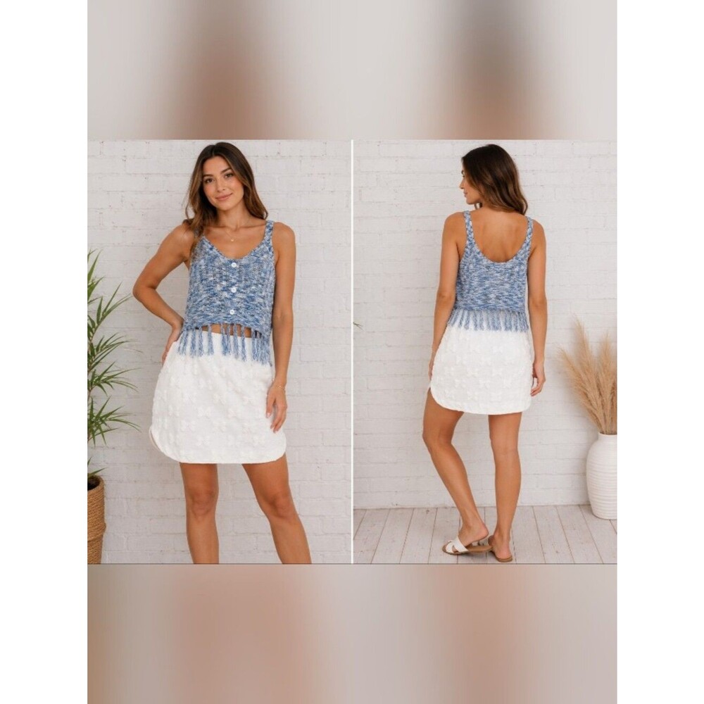 shein curve blue marled knit fringe crop tank top boho festival 2xl